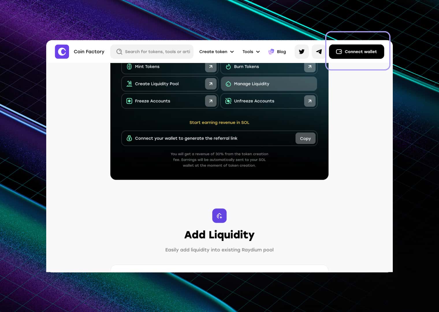 Open the CoinFactory Liquidity Adder