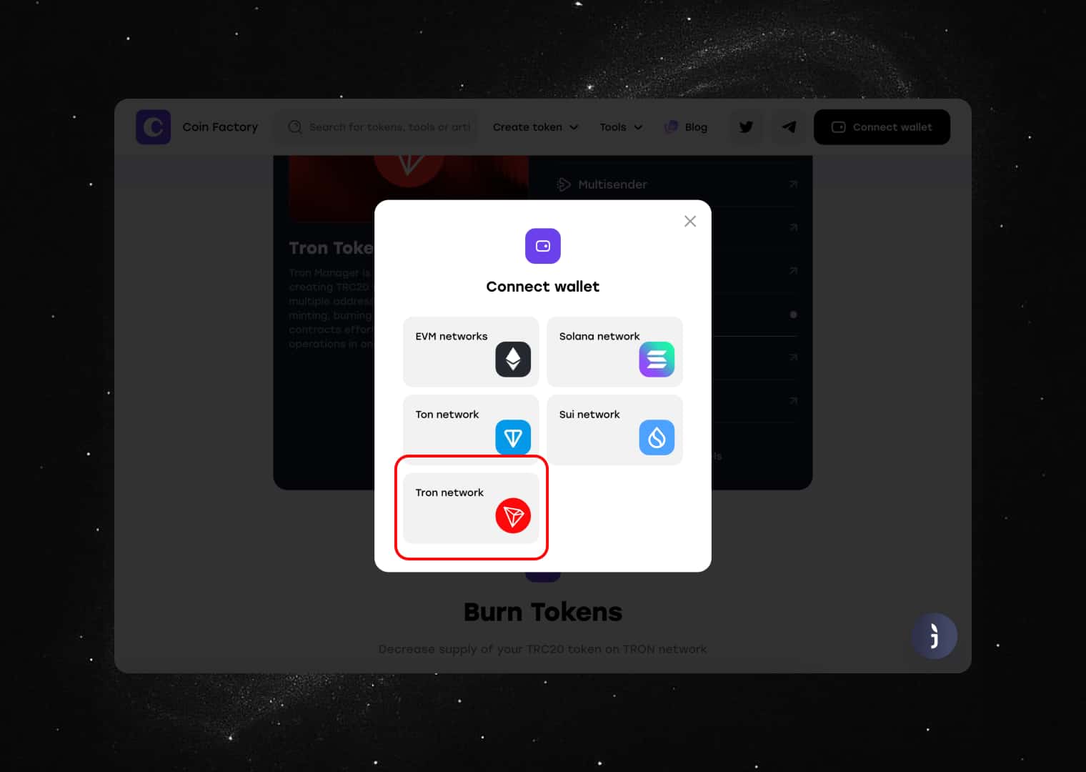 Click on Tron network