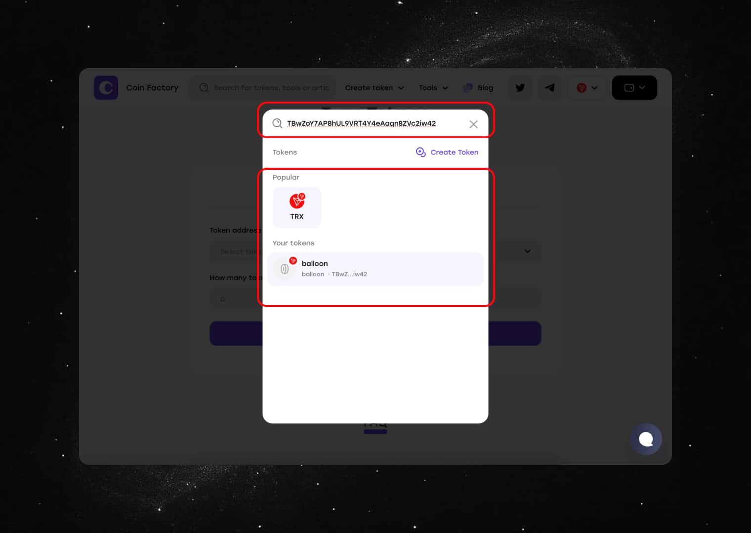 Find your token by address or select from the list