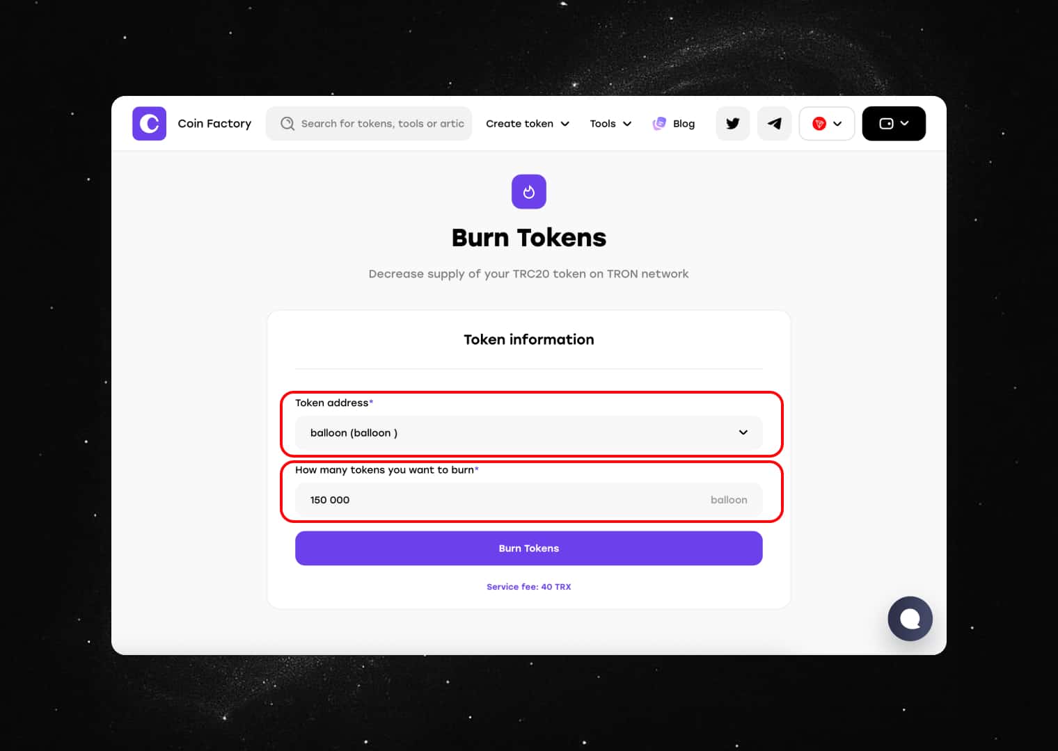 Enter the amount of tokens you want to burn