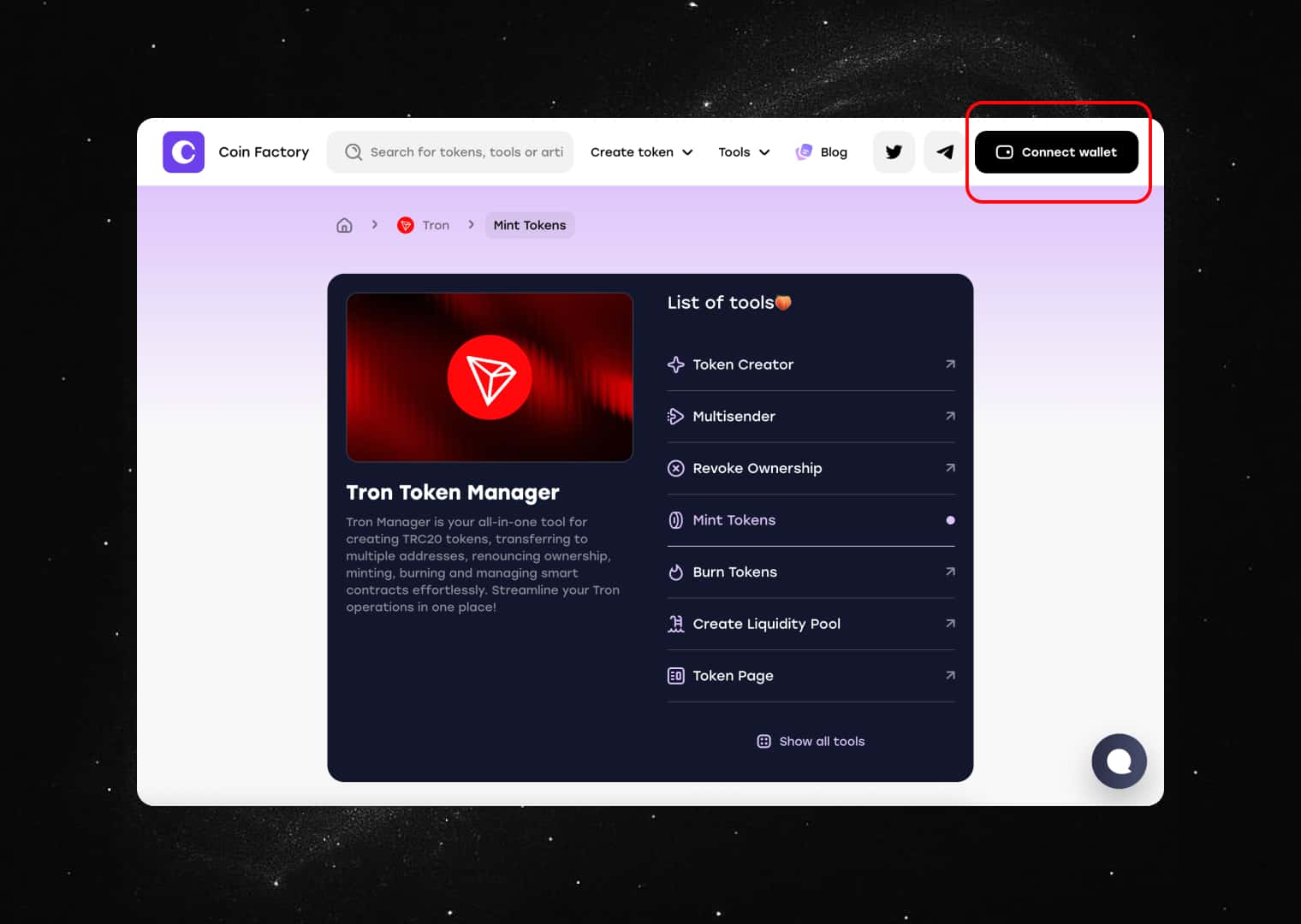 Open the coinfactory token minting tool