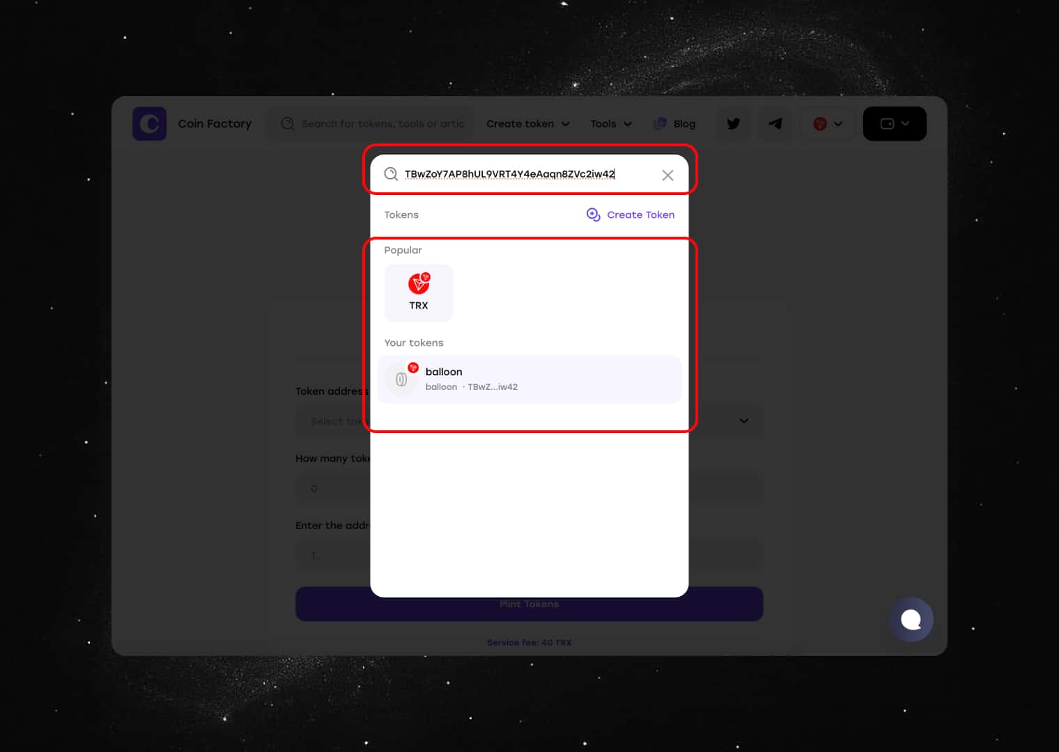 Enter the token&nbsp;contract