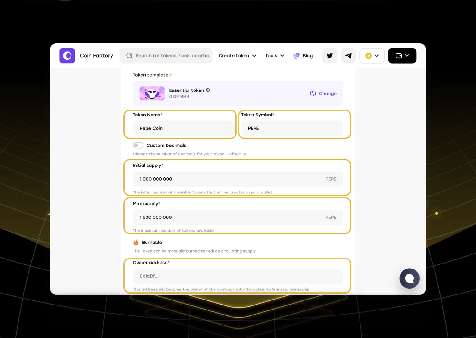 Fill out the form about your token