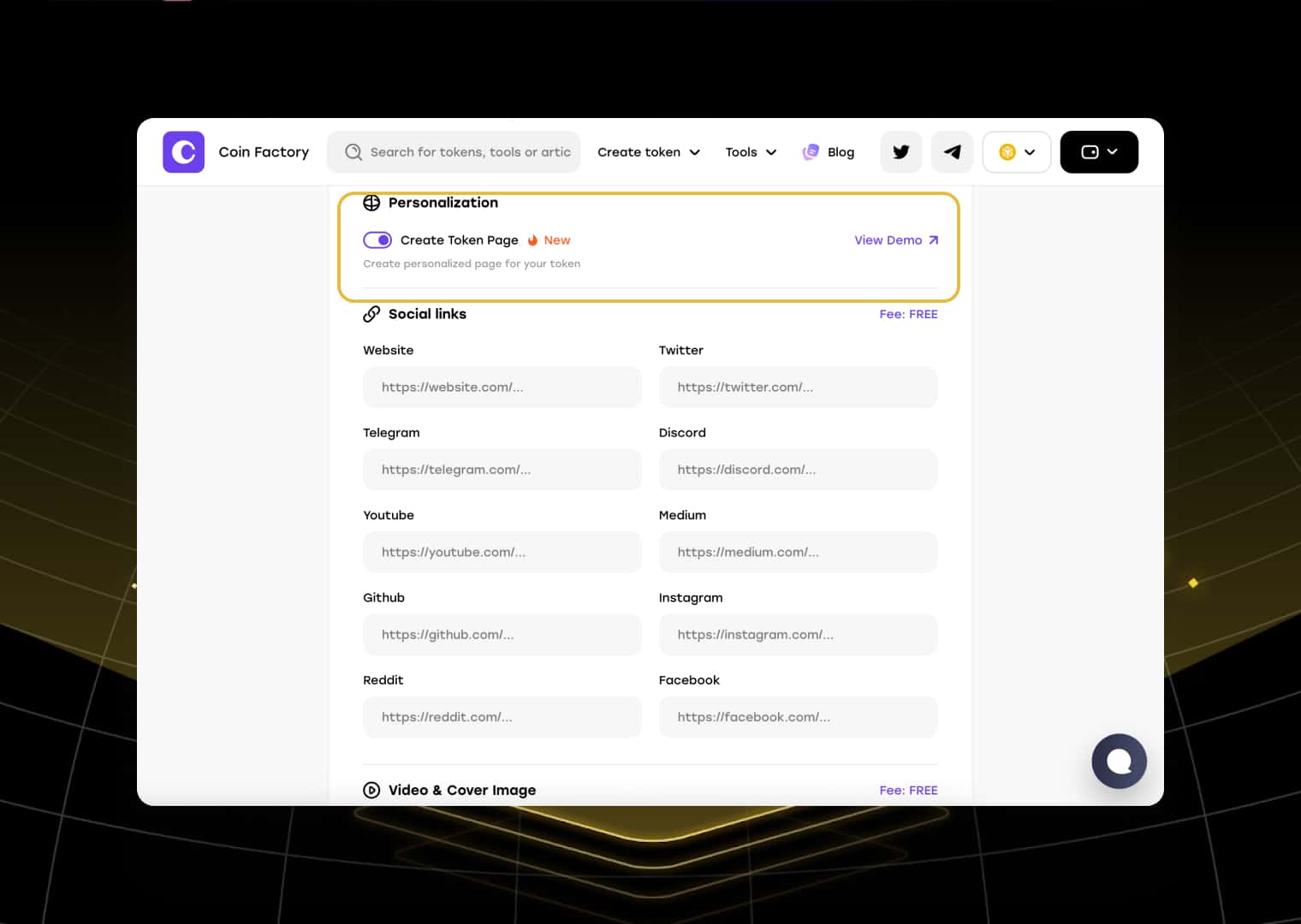Turn it on if you want to create a free website for your token