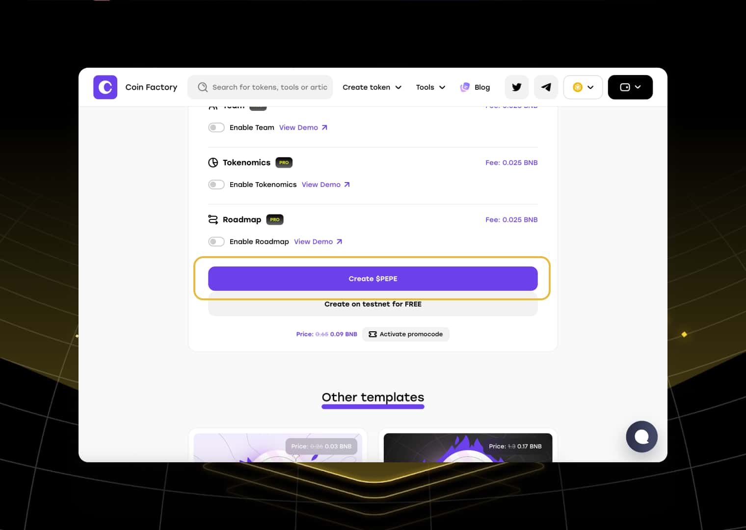 Press the create button