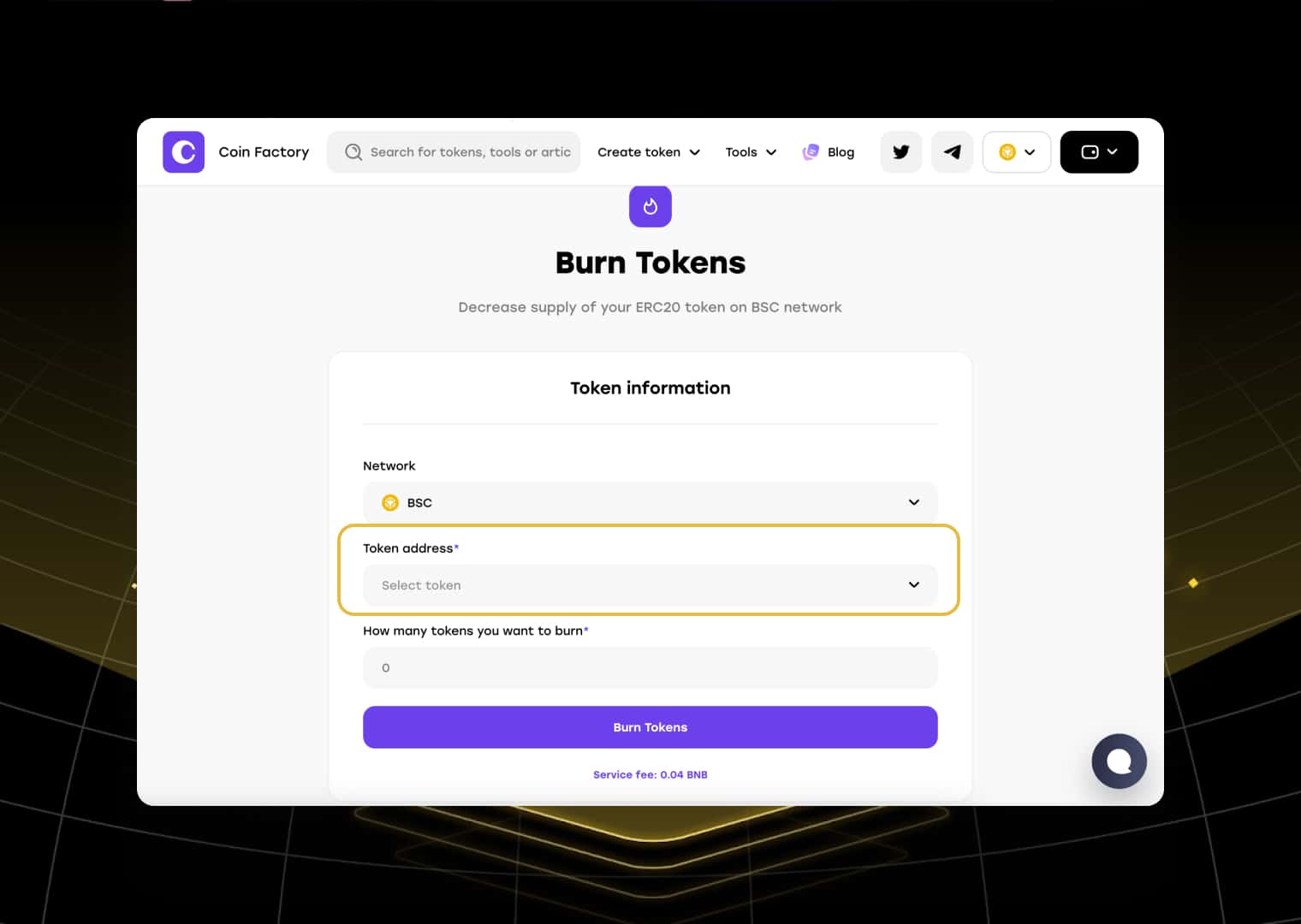Click on the token selection field