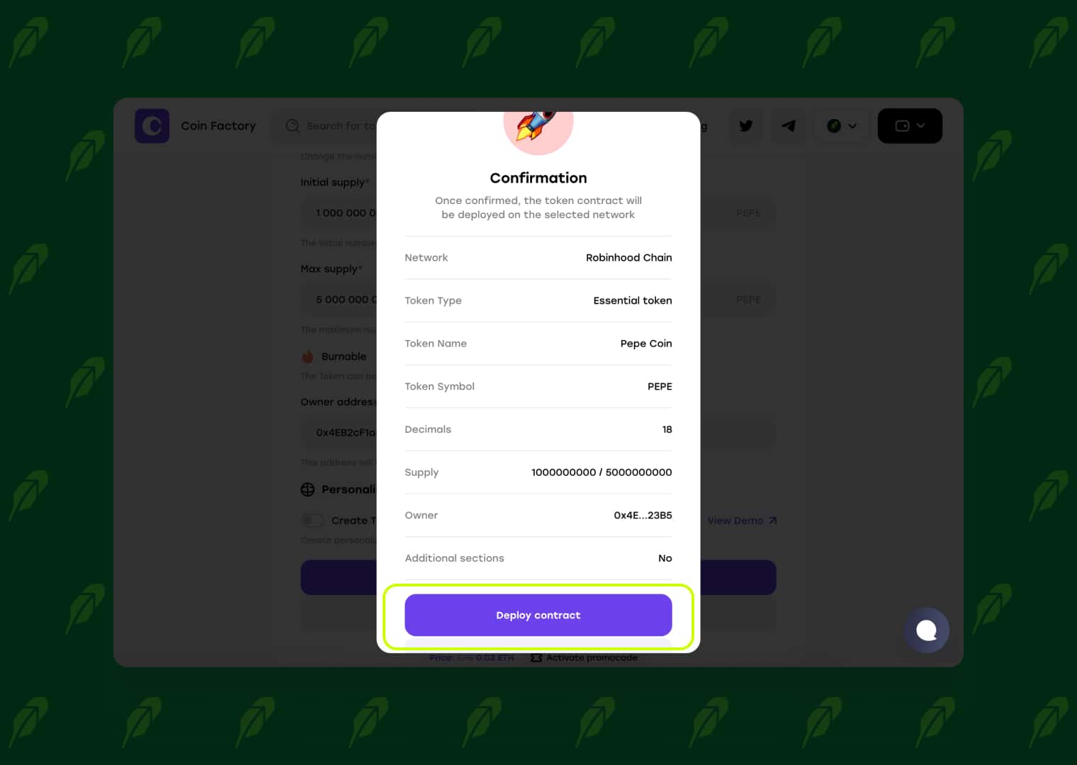 Confirm the token launch on the Robinhood network