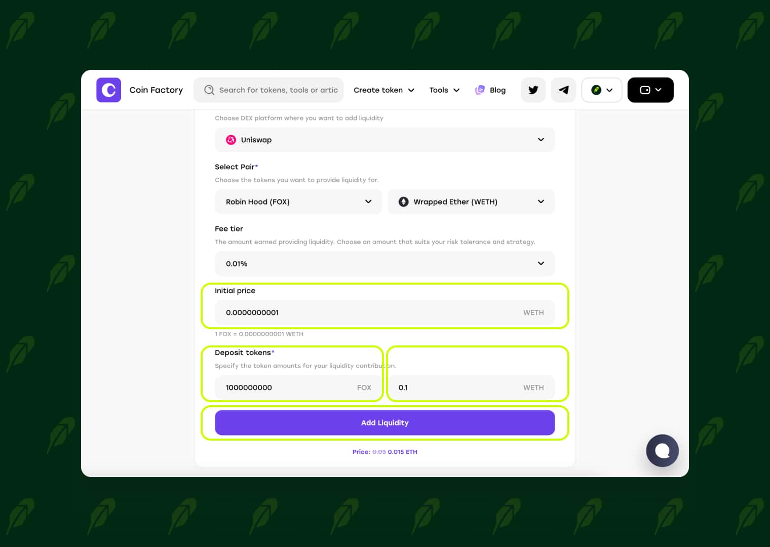 Set liquidity and create pool