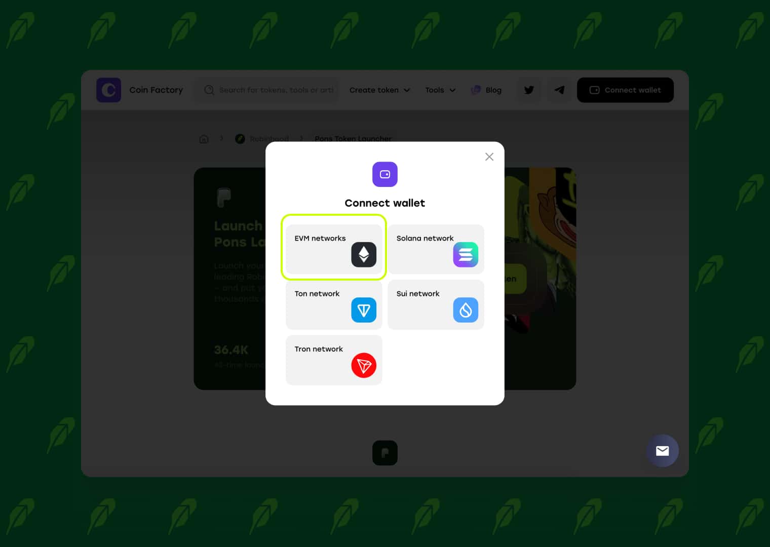 Connect EVM wallet to launch a token on Pons Launchpad