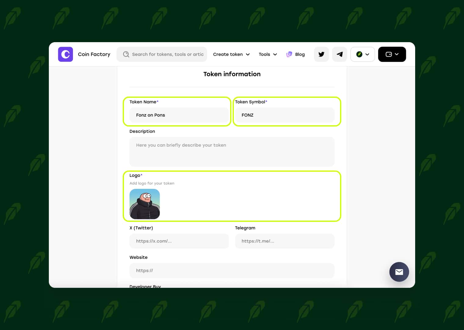 Enter your token name, symbol, logo, and social links for Pons Launchpad