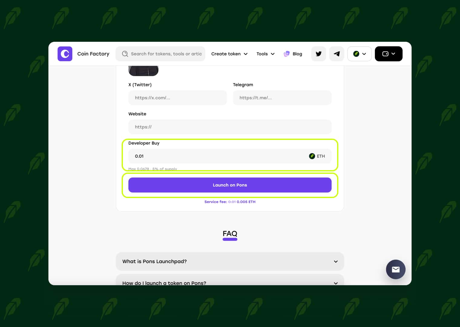 Choose the developer's initial buy amount and launch on Pons