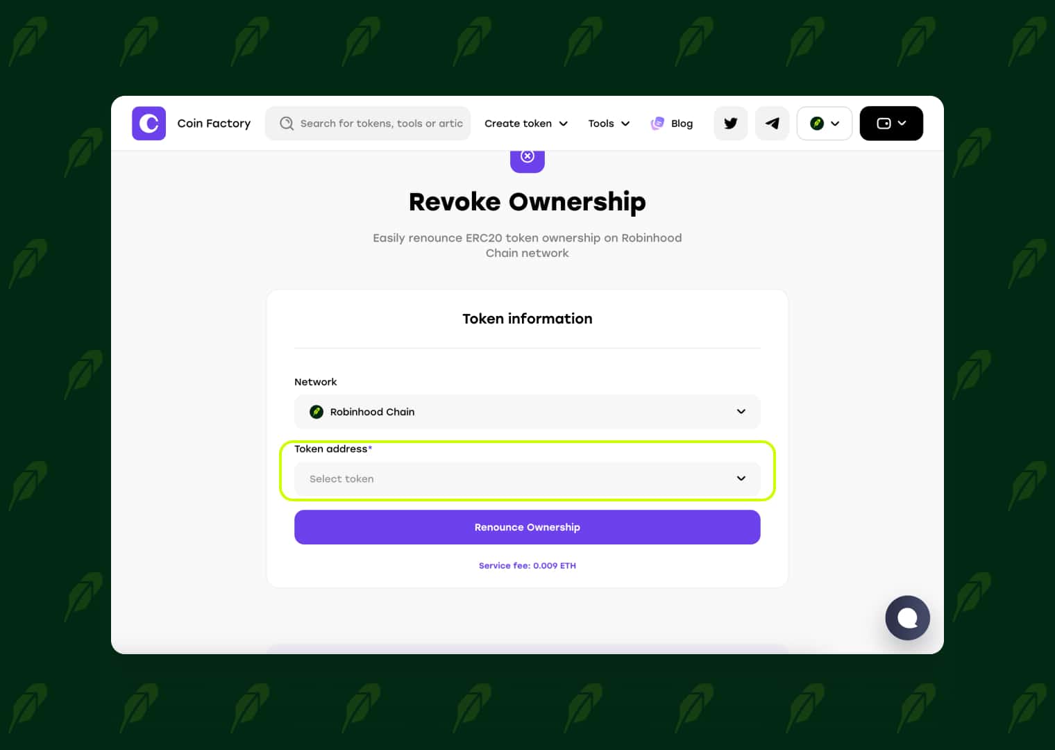 Robinhood Chain revoke ownership page on CoinFactory