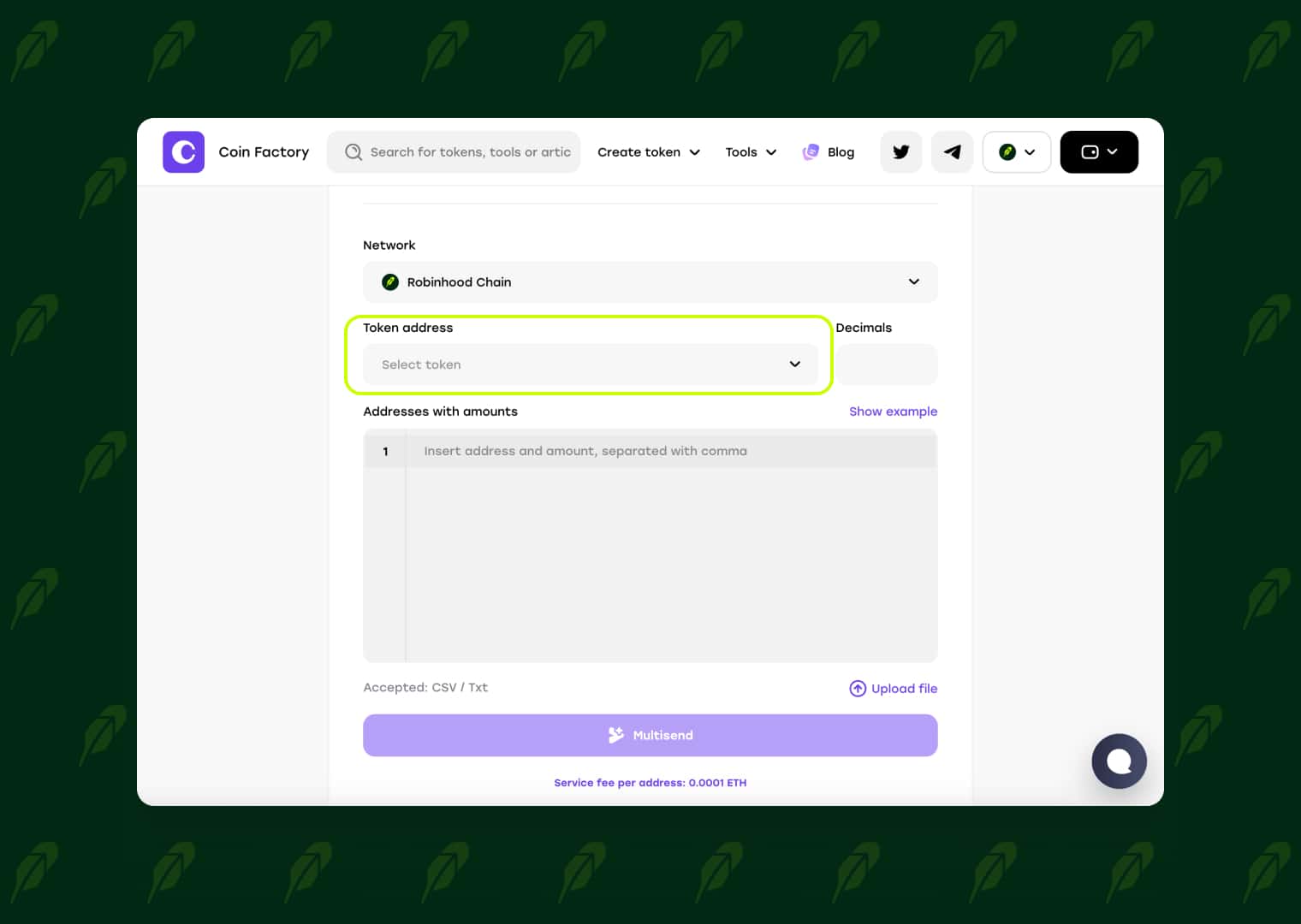 Select token in Robinhood Chain Token Multisender