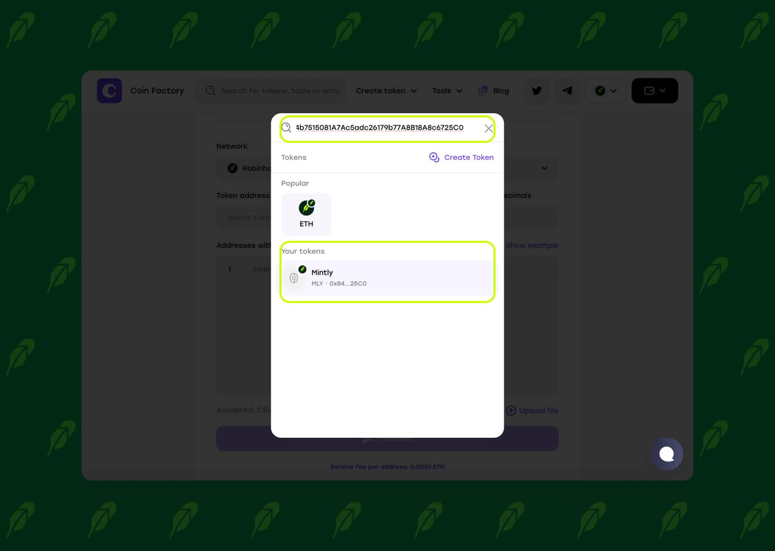 Choose token by contract address in Robinhood Chain Multisender