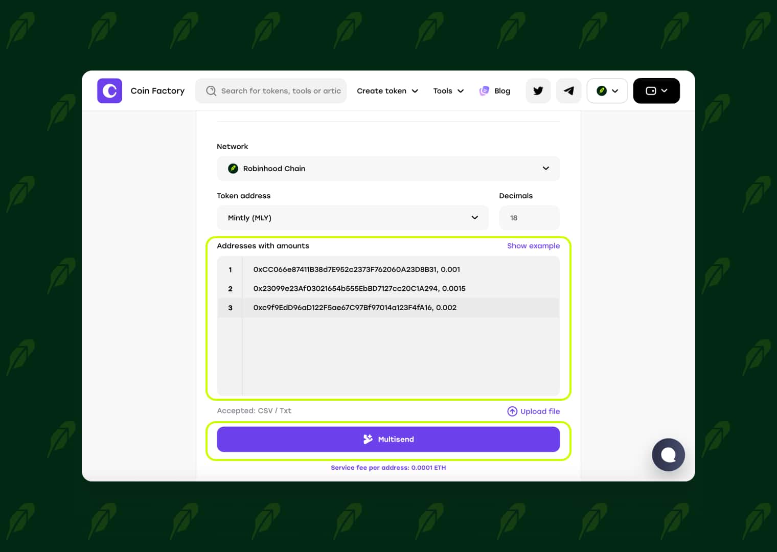 Add recipient addresses and token amounts in Robinhood Chain Multisender