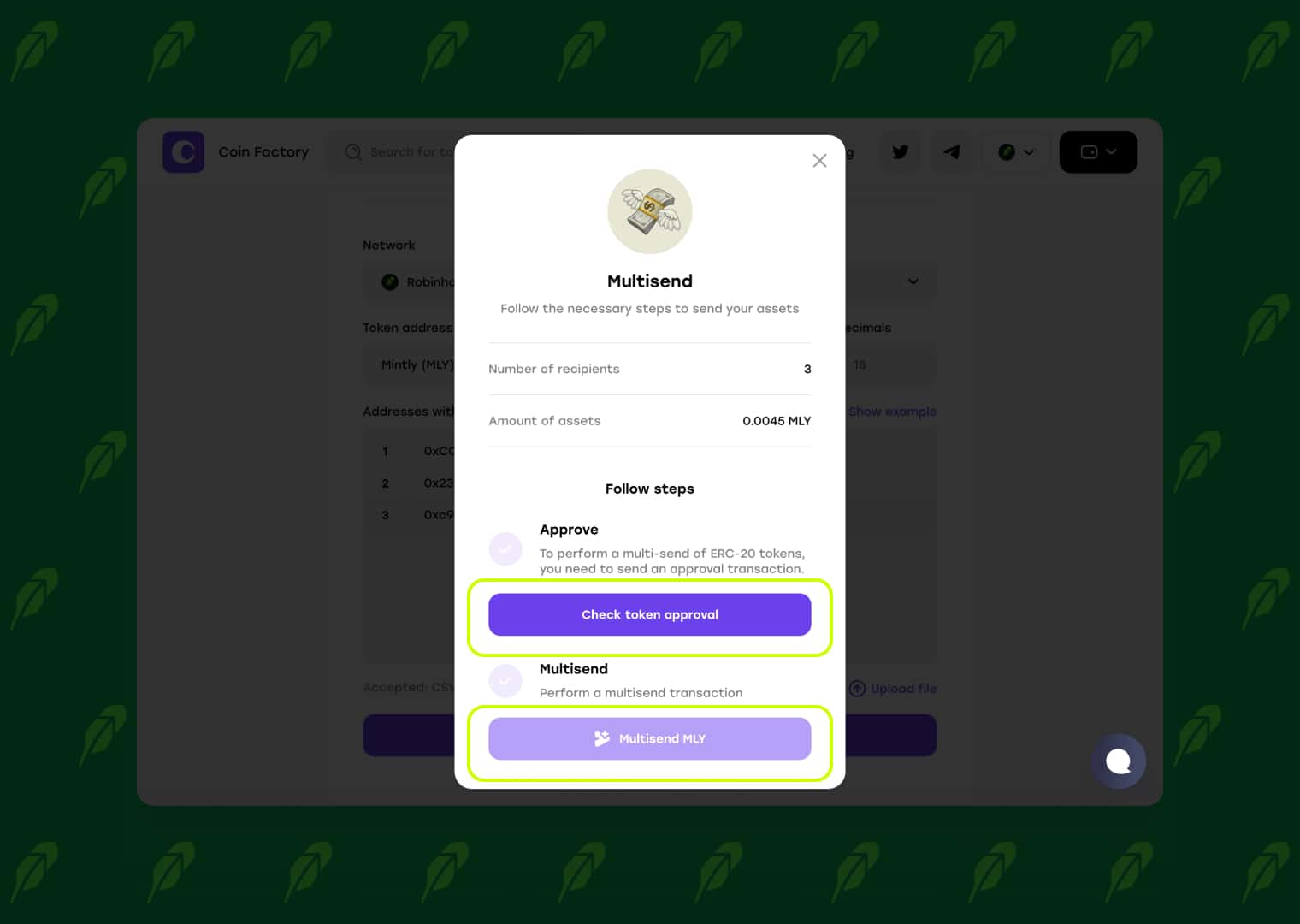 Approve and confirm token multisend on Robinhood Chain