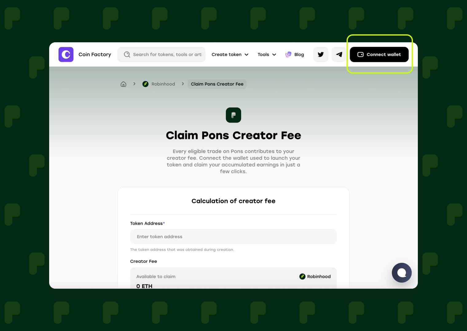 Connect wallet to claim Pons creator rewards