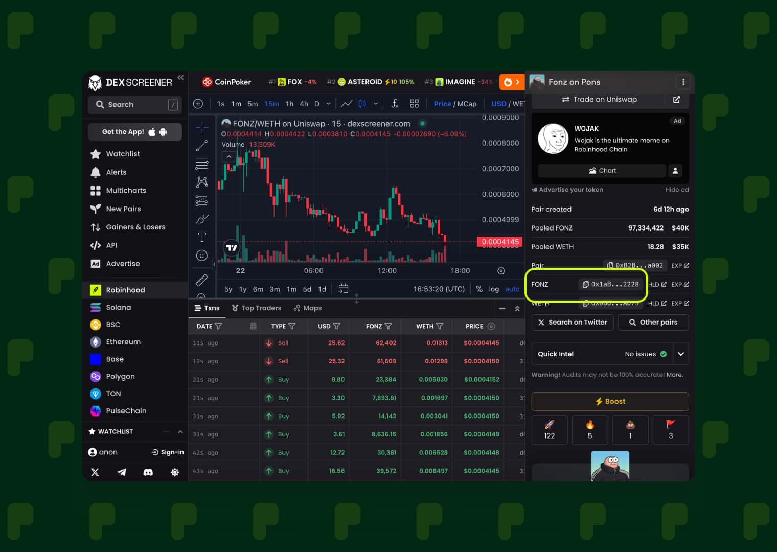 Copy Pons token contract address from DexScreener
