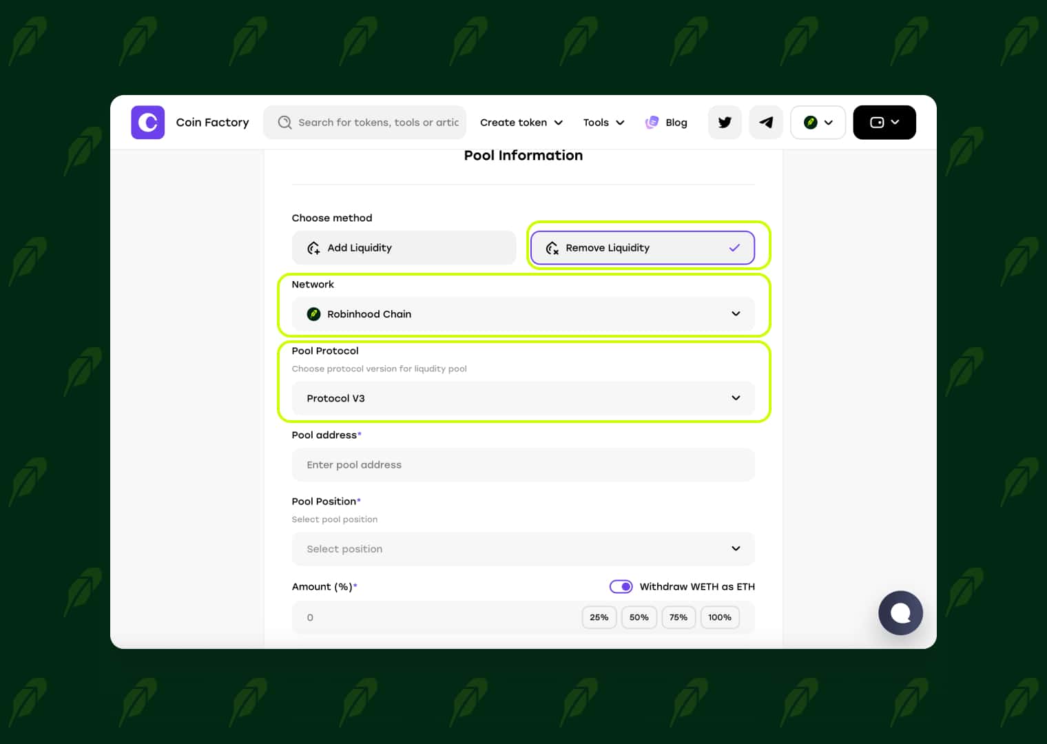 Select Remove Liquidity, Robinhood Chain, and Uniswap protocol