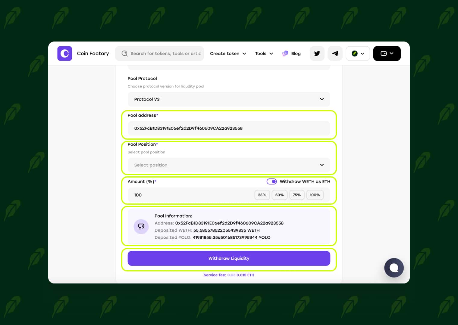 Enter the pool address and withdraw liquidity on Robinhood Chain