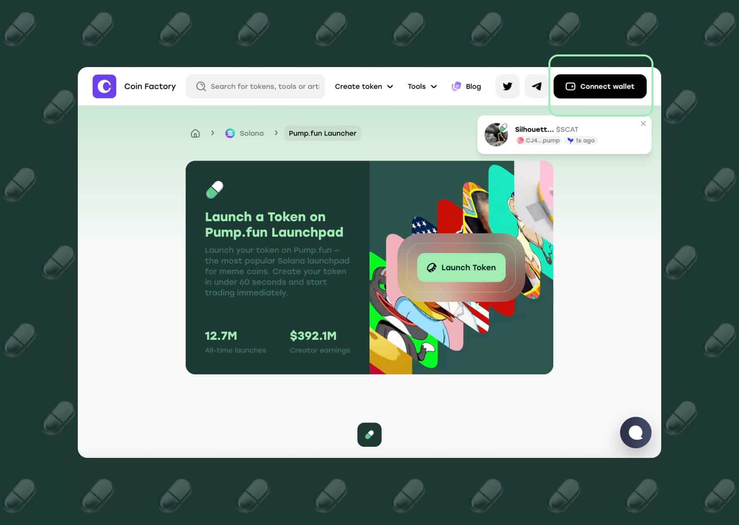Open the CoinFactory Pump.fun Launcher and connect your wallet to start creating a new meme coin on Pump.fun
