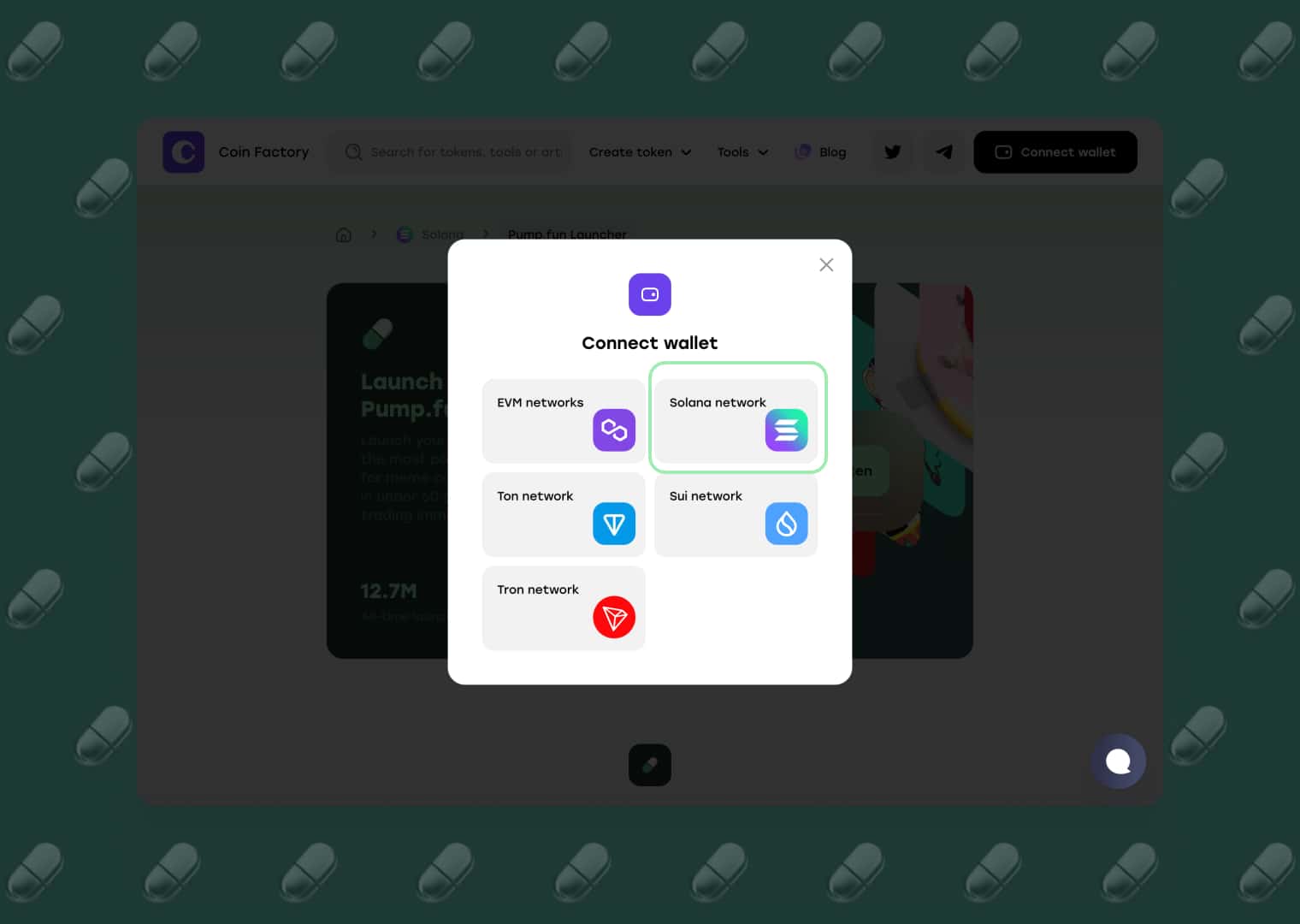 Connect your Solana wallet in the CoinFactory Pump.fun Launcher before creating and launching your meme coin