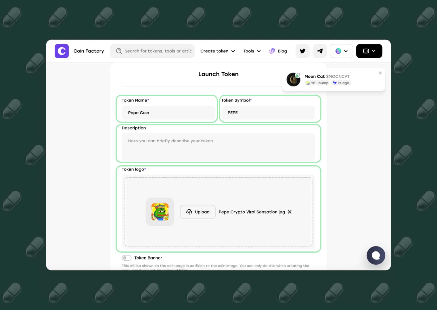 Форма создания мемкоина на Pump.fun: поля названия (Pepe Coin), символа (PEPE), описания и загрузки логотипа токена
