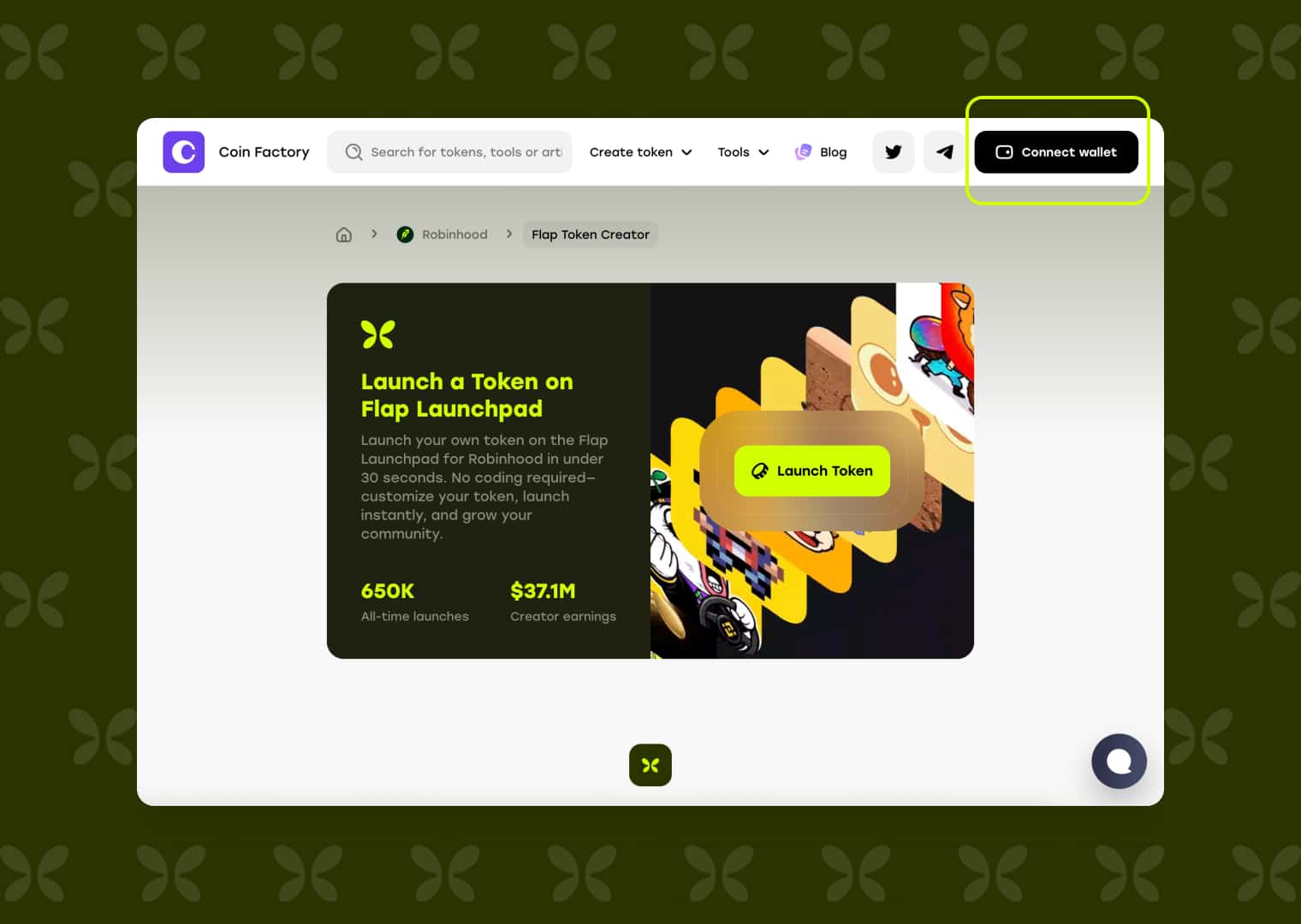 CoinFactory 'Launch a Token on Flap Launchpad' page with the Launch Token button and Connect wallet highlighted