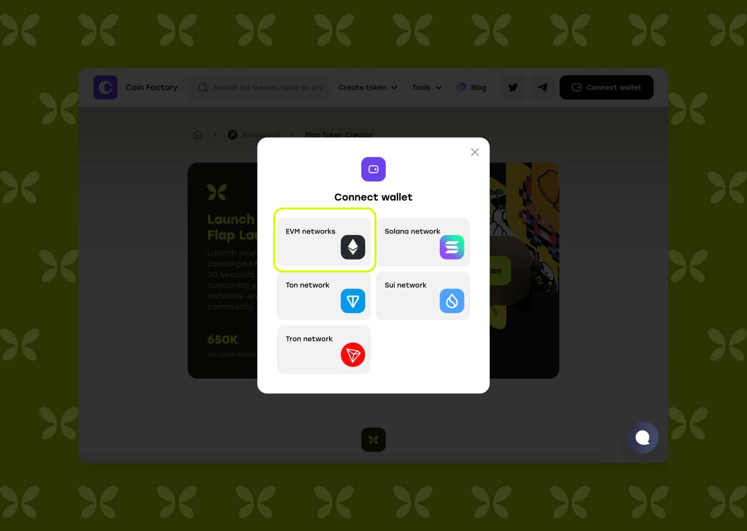 CoinFactory Connect wallet popup on the Flap Token Creator with EVM networks selected for BSC and Robinhood