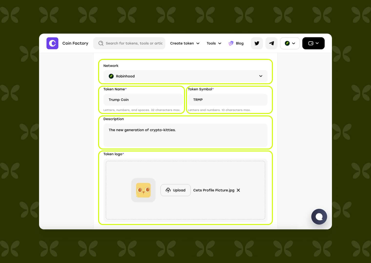 Flap token creation form in CoinFactory with Network, Token Name, Symbol, Description and logo upload filled in