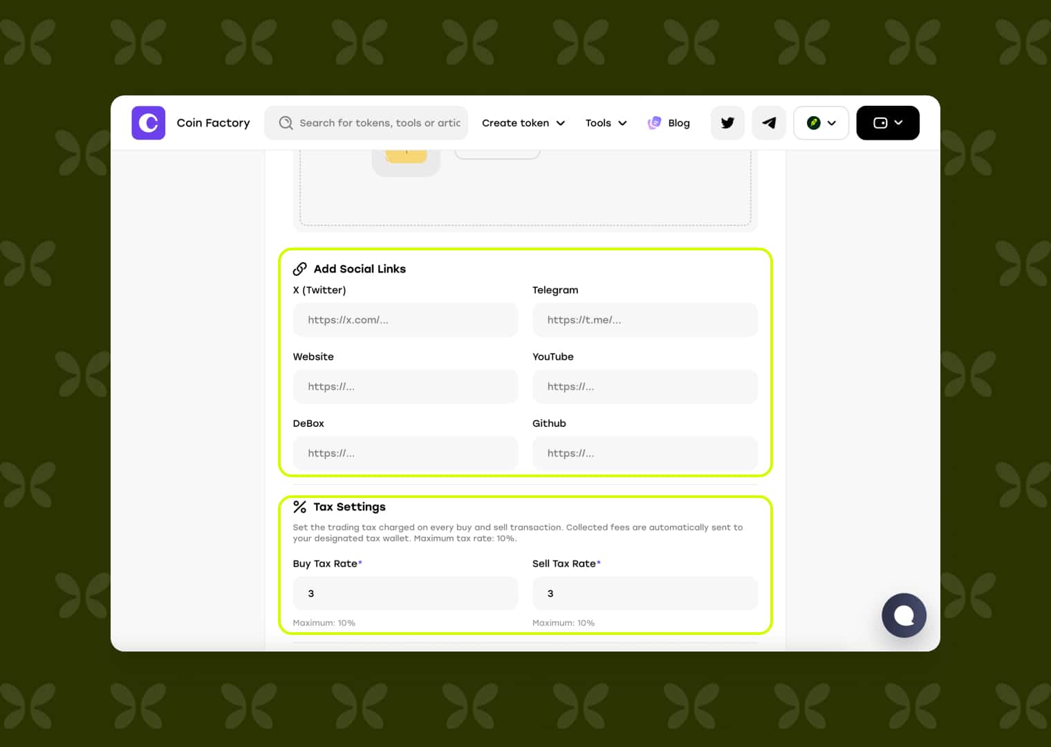 Add Social Links and Tax Settings sections of the Flap token launcher in CoinFactory, with buy and sell tax fields