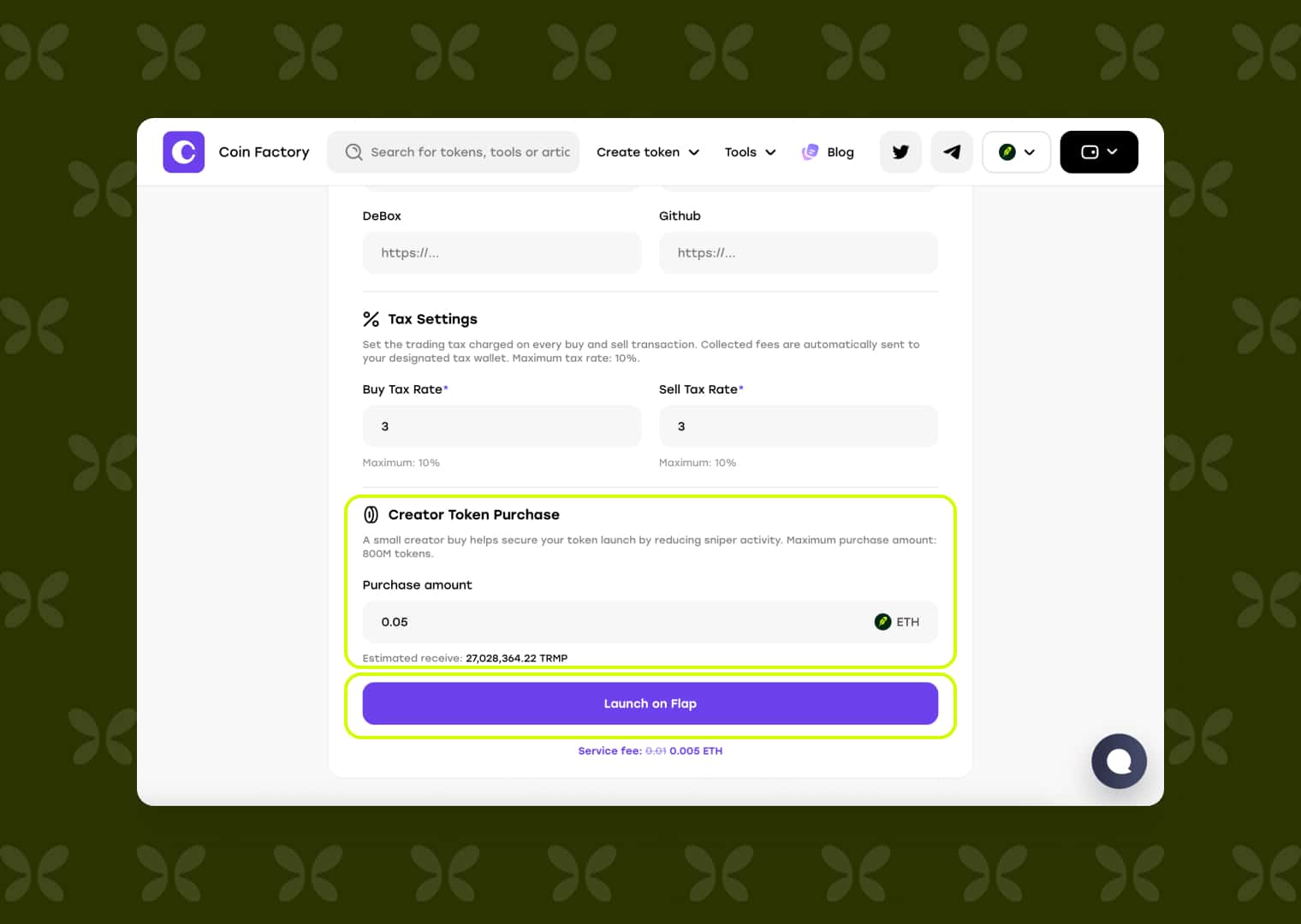Creator Token Purchase field and Launch on Flap button in CoinFactory, showing estimated tokens and service fee