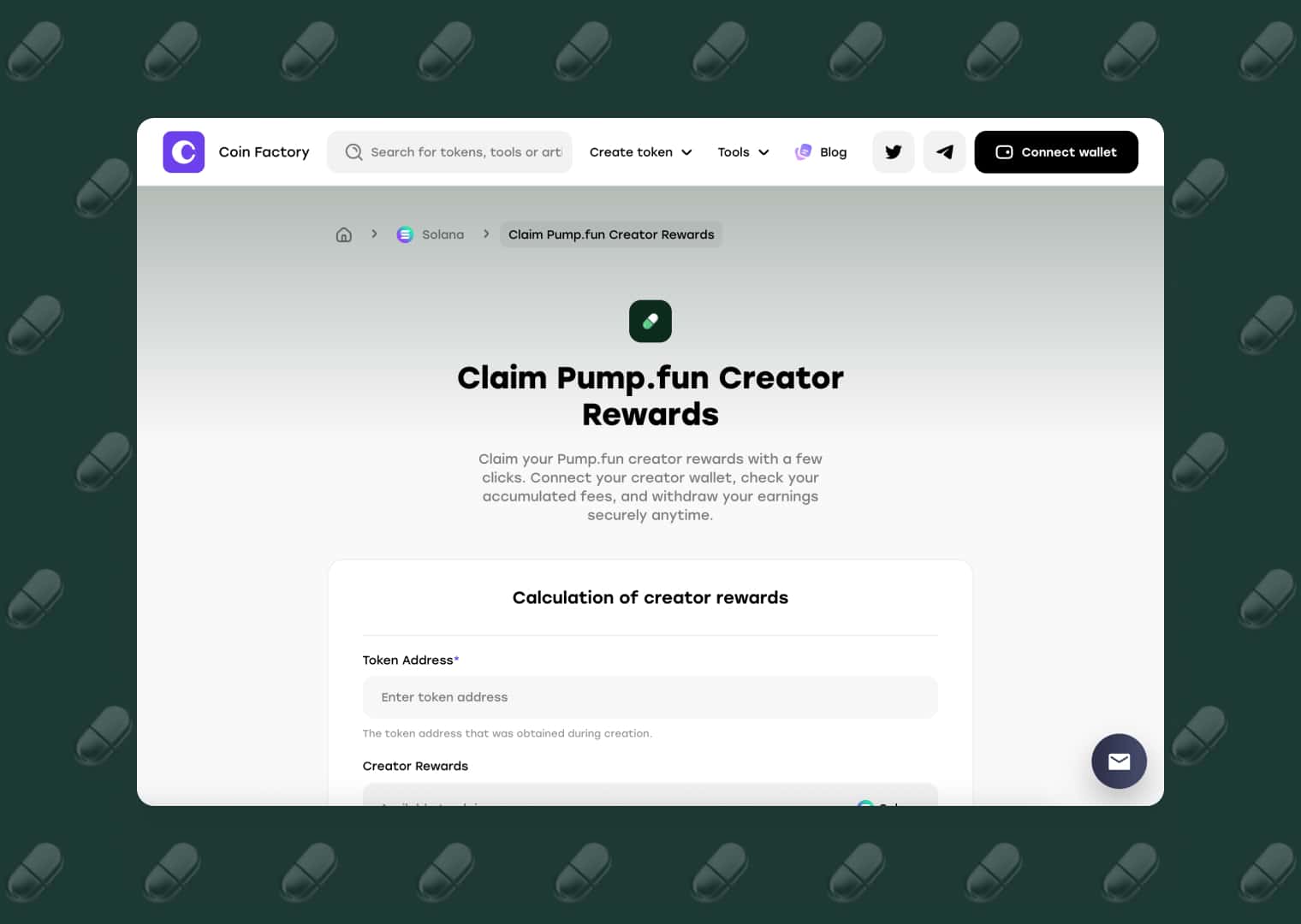 CoinFactory Claim Pump.fun Creator Rewards page showing token address input field and calculation of accumulated creator fees