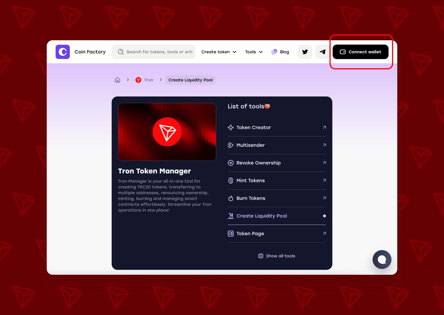CoinFactory Tron Token Manager page with tools list and the Connect wallet button highlighted in the top right corner