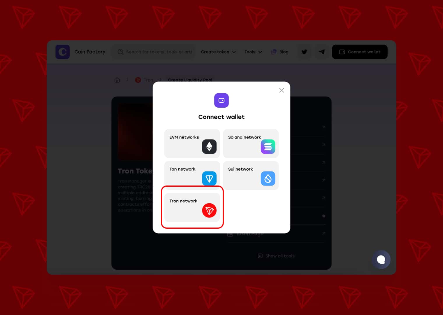 CoinFactory Connect wallet popup showing network options with Tron network highlighted for wallet connection