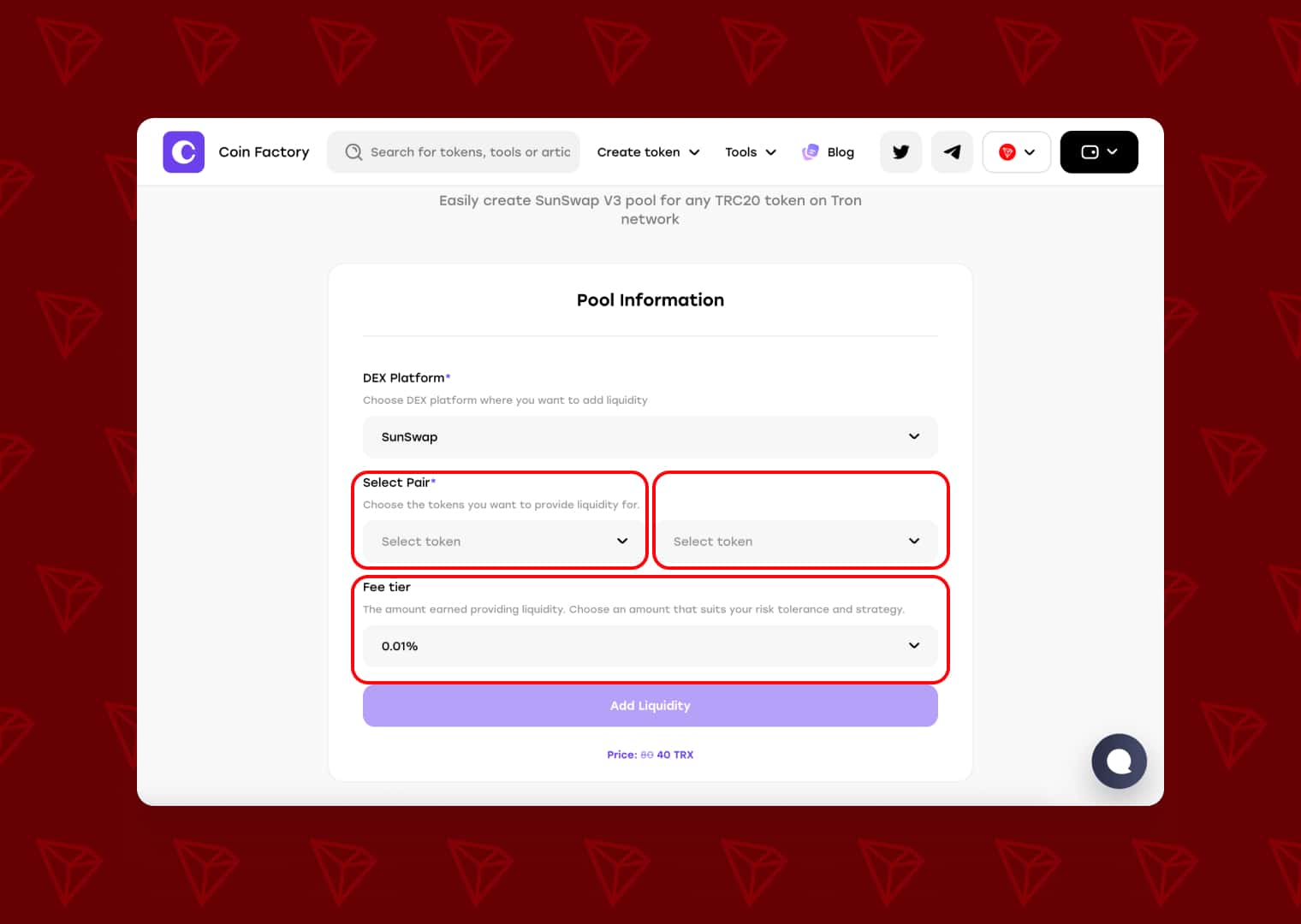 CoinFactory Pool Information form with Select Pair and Fee tier fields highlighted for creating a SunSwap V3 pool on Tron