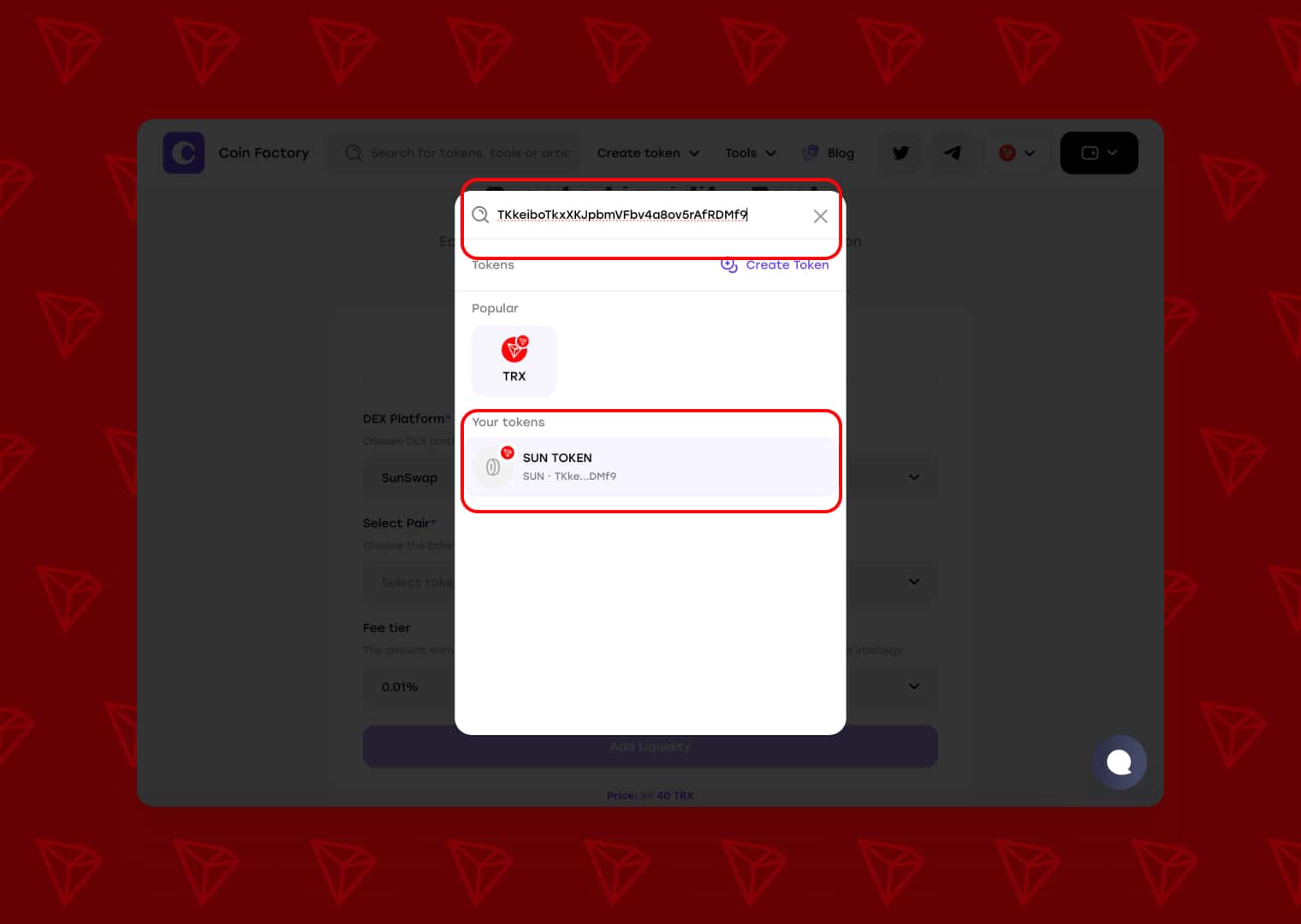 Token search by contract address on CoinFactory with SUN TOKEN highlighted under Your tokens