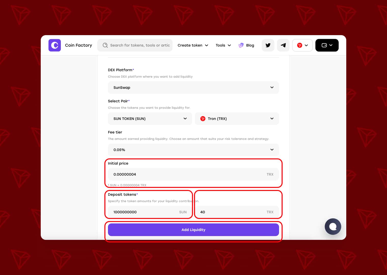Completed SUN/TRX pool form on SunSwap with Initial price, Deposit tokens, and the Add Liquidity button highlighted