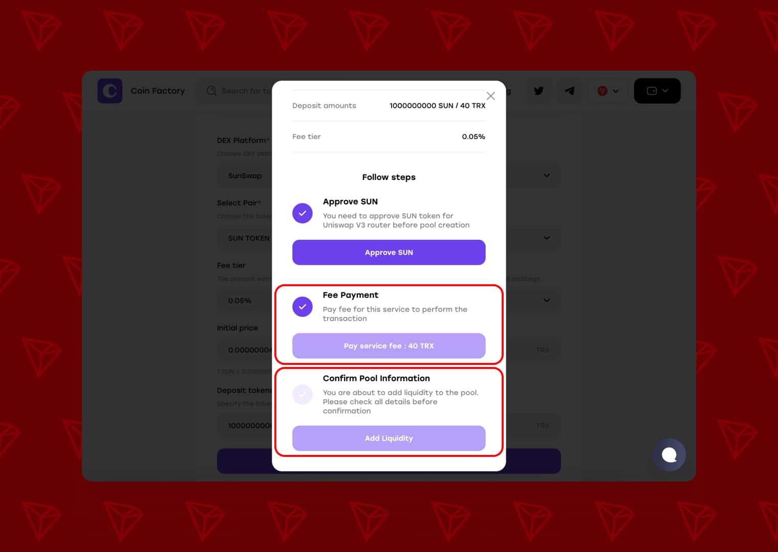CoinFactory pool creation steps with Fee Payment (40 TRX) and Add Liquidity stages highlighted