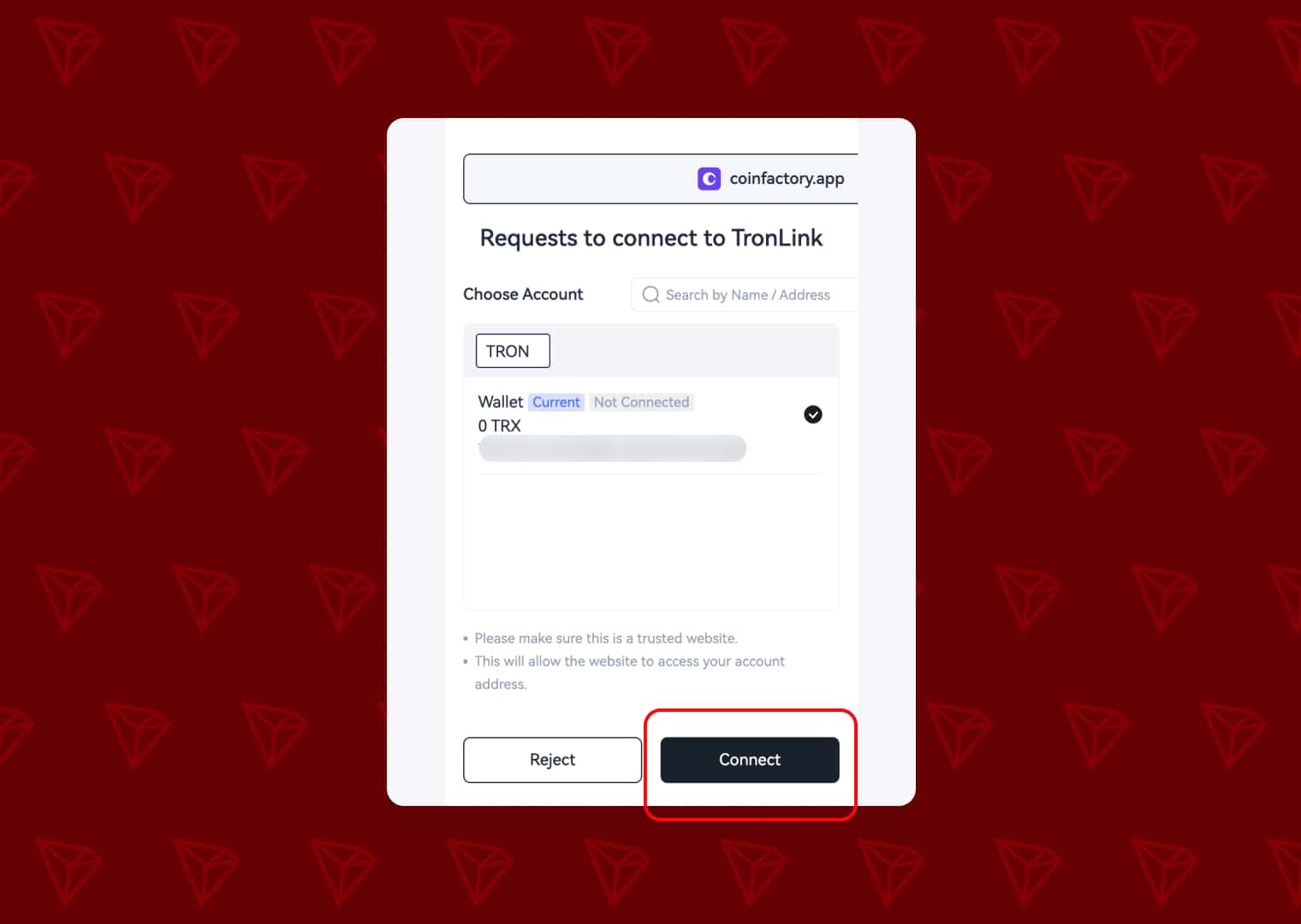 TronLink request to connect to coinfactory.app with the Connect button highlighted to authorize the wallet