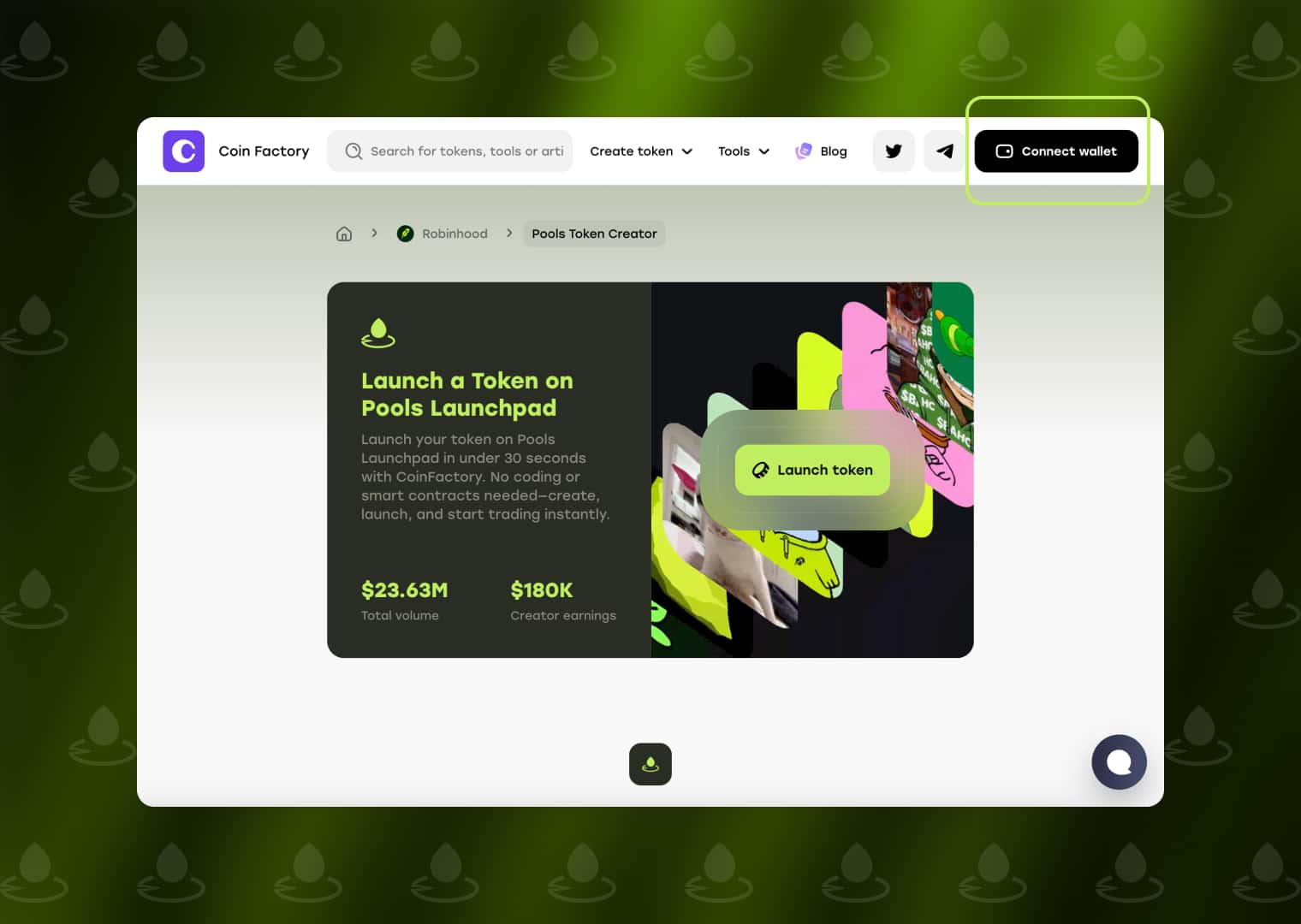 Open the Pools Token Launcher by CoinFactory and Click Connect Wallet Button