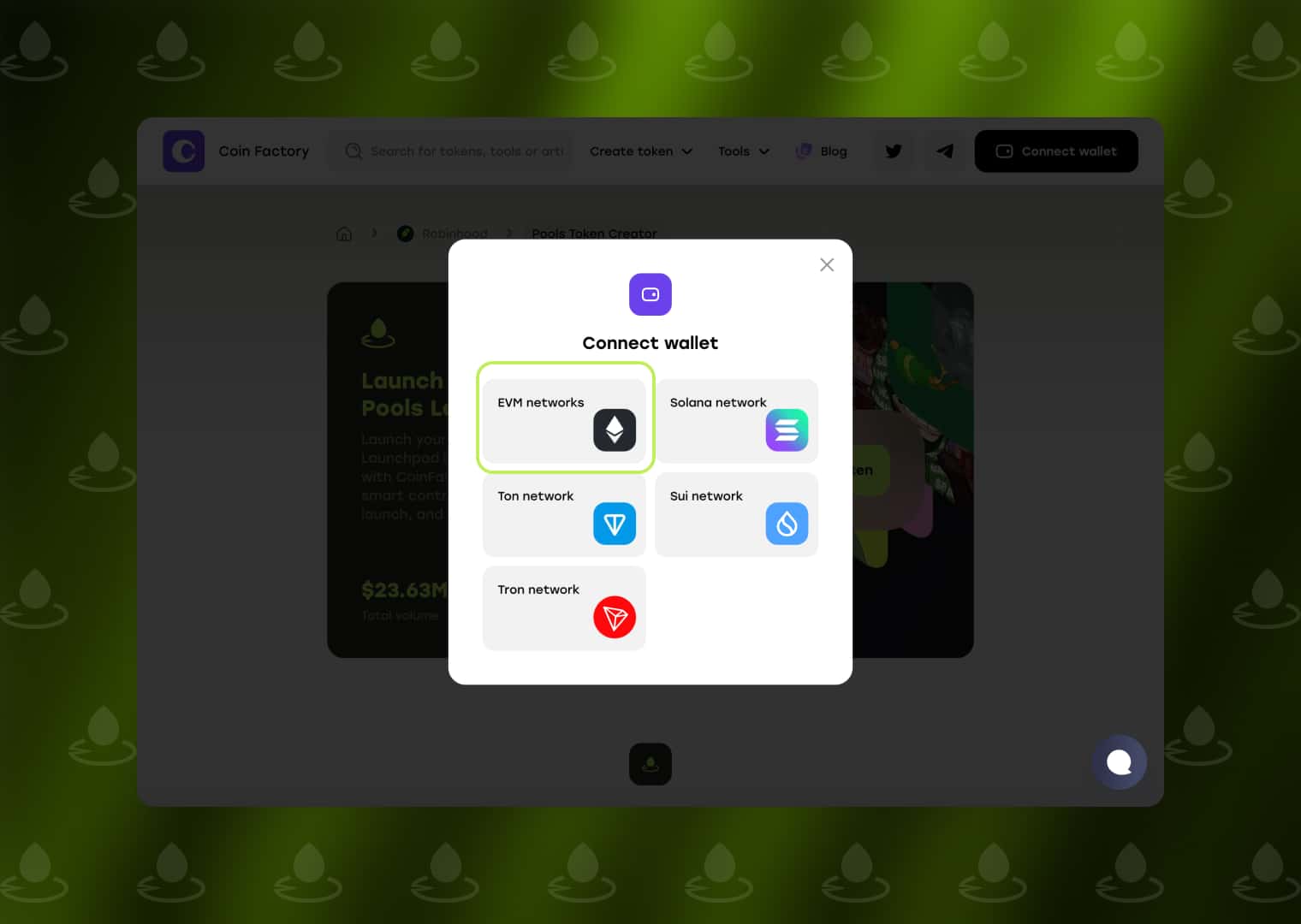 Connect an EVM wallet to the Pools Token Launcher by CoinFactory