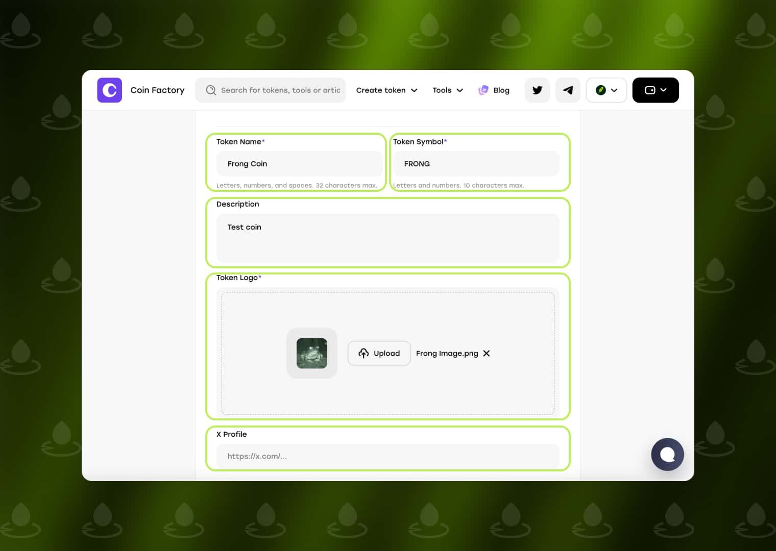 Enter token name, symbol, description, logo, and social links in the Pools Token Launcher