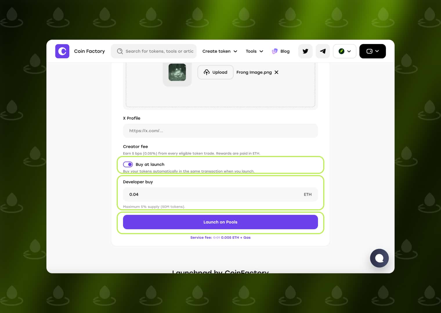 Set the developer buy amount and launch your token on Pools Launchpad