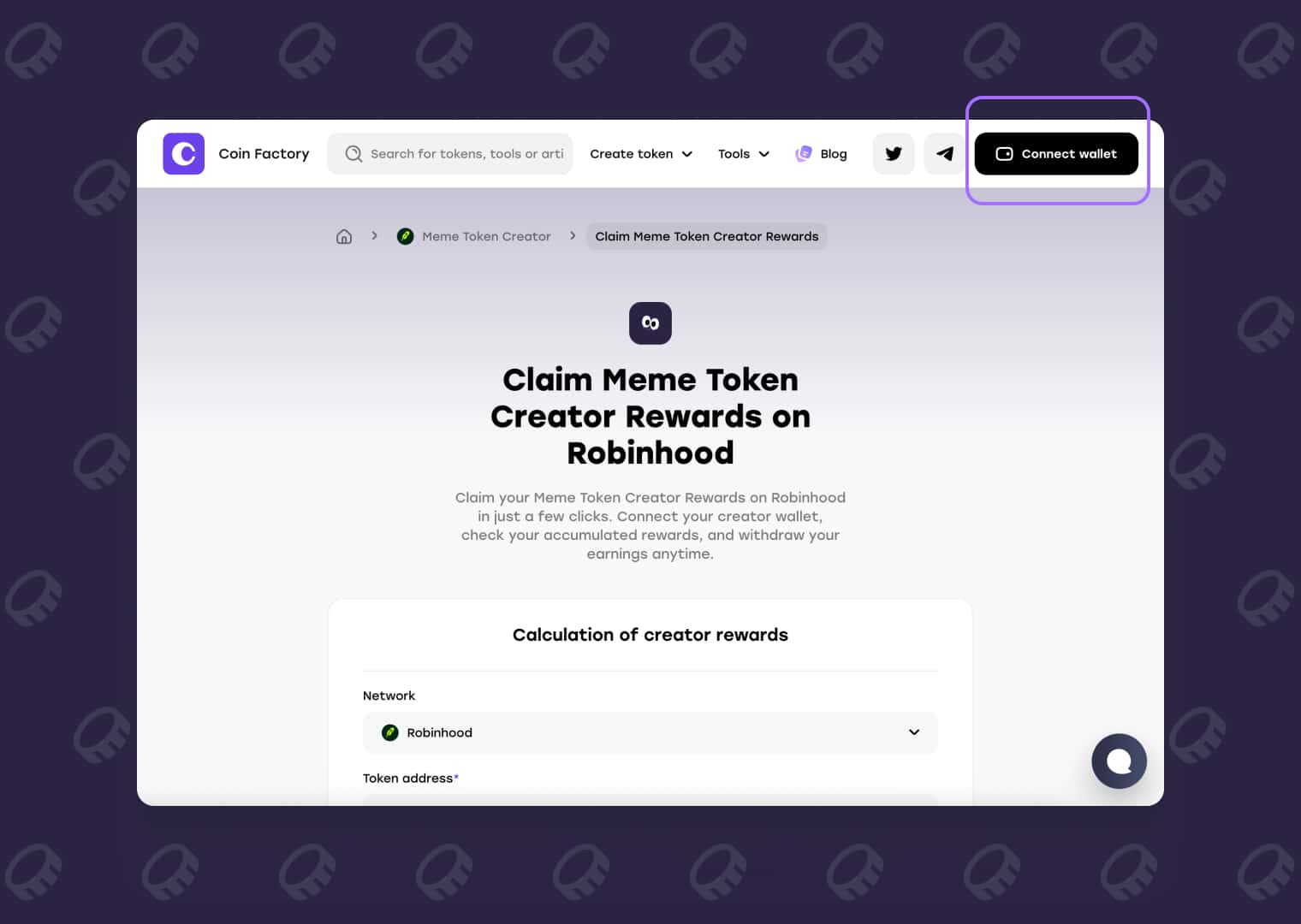 Connect creator wallet on the CoinFactory Meme Token Creator Rewards page