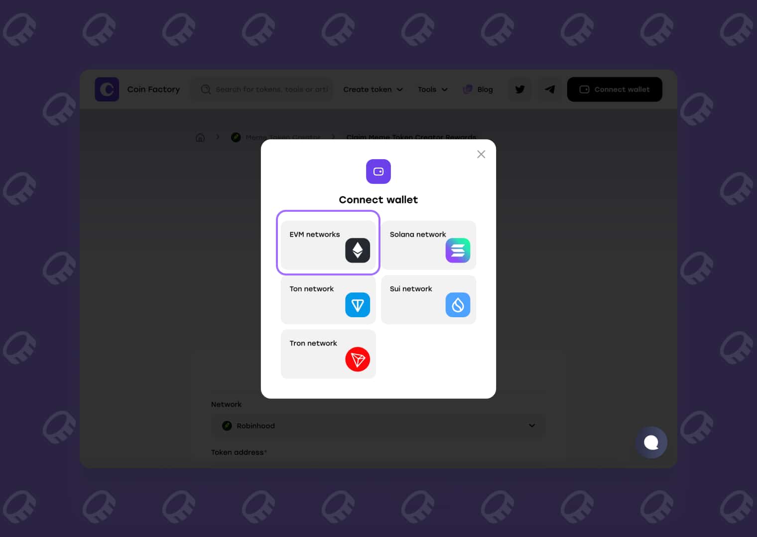 Connect EVM wallet to claim Meme Token Creator Rewards on CoinFactory