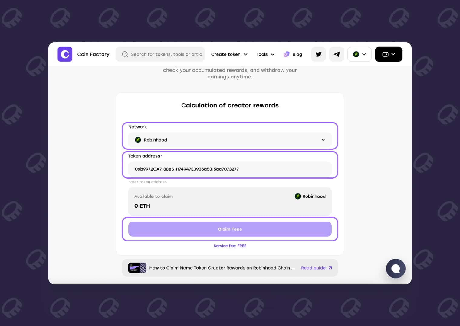 Select network, enter token address and claim Meme Token Creator Rewards on CoinFactory