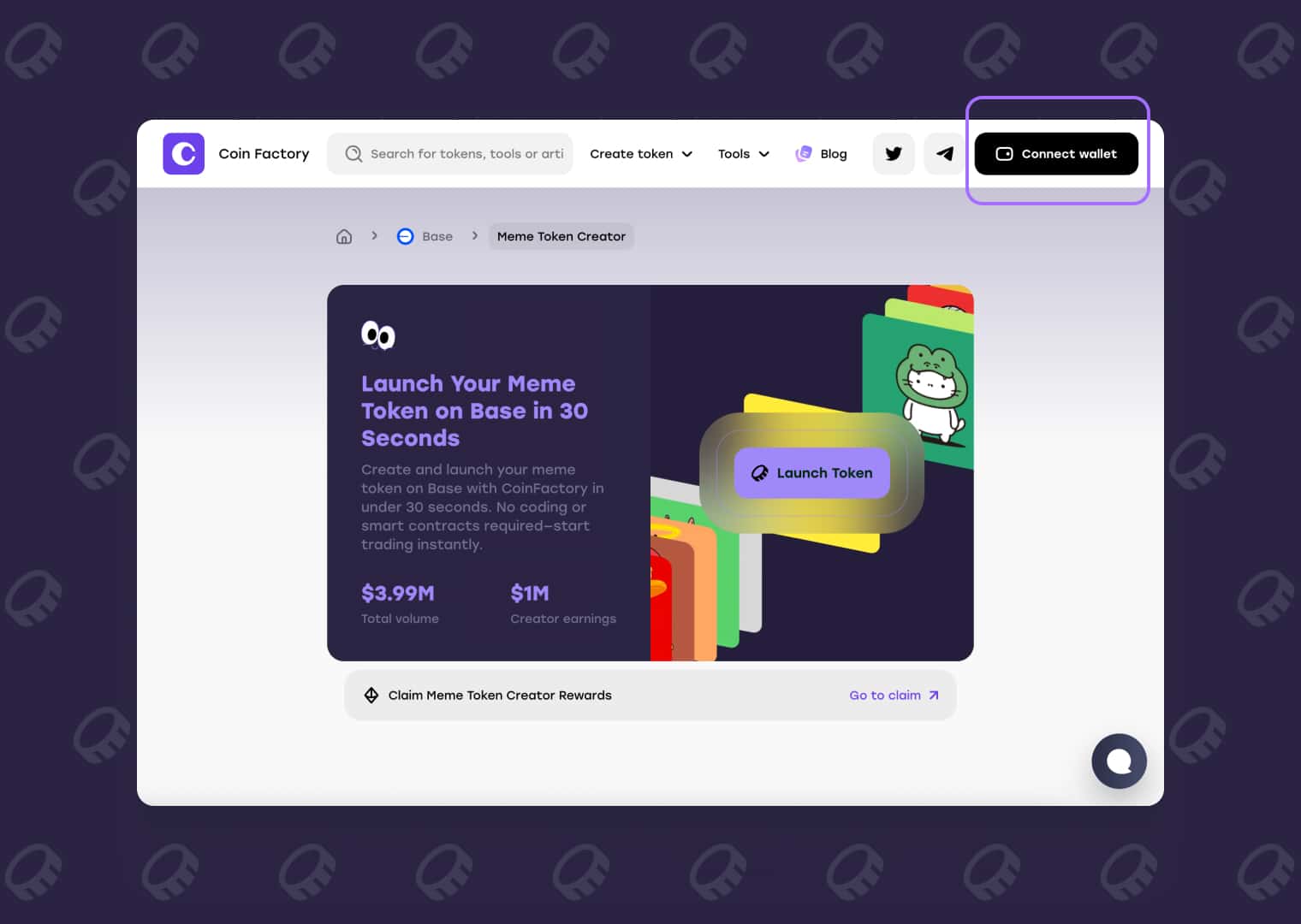 Open CoinFactory Meme Token Launcher to create a meme token on Base