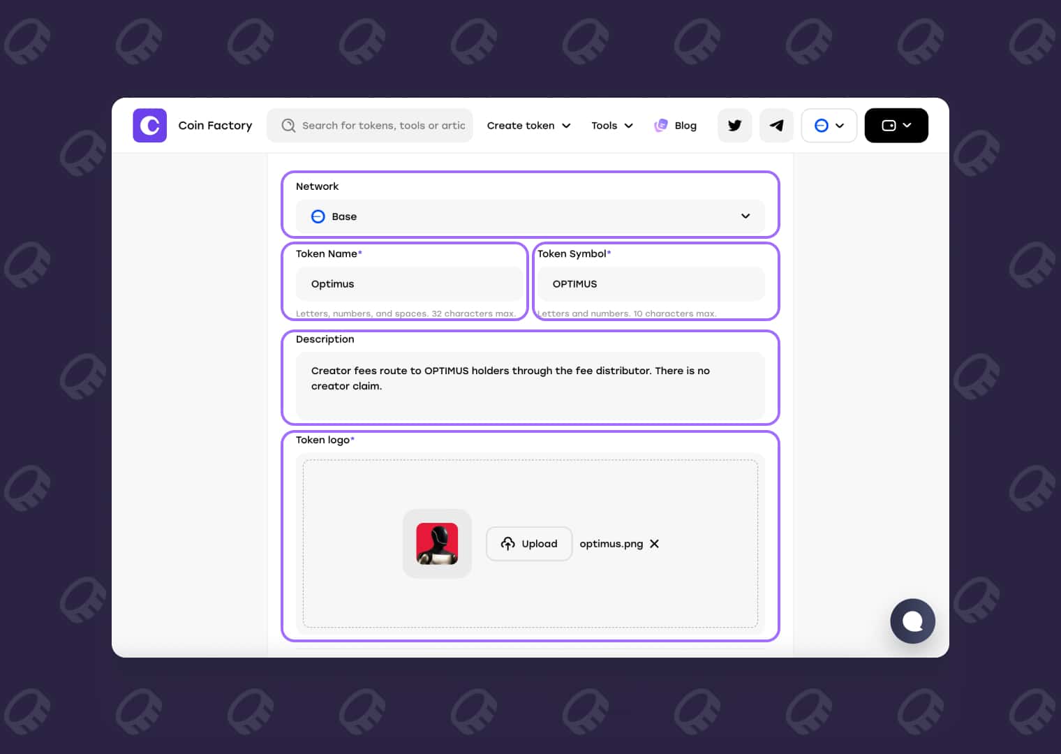 Enter meme token name, symbol, description, and upload a logo on Base