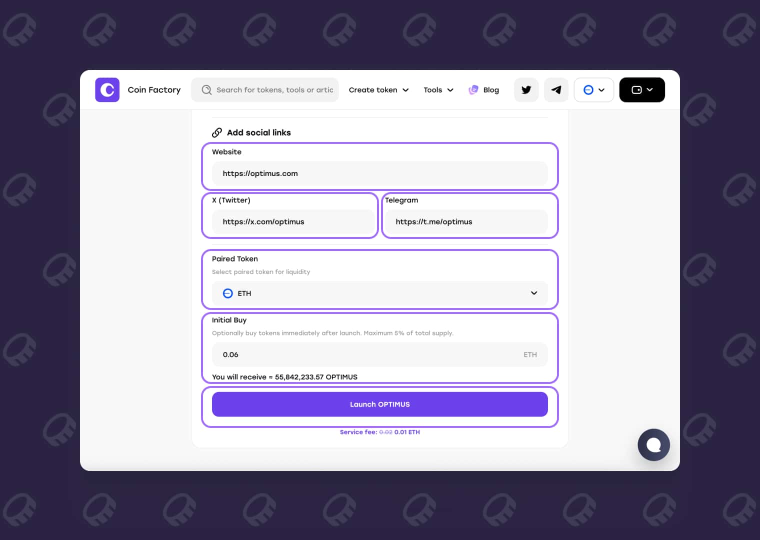 Add social links, select paired token, set initial buy, and launch a meme token on Base